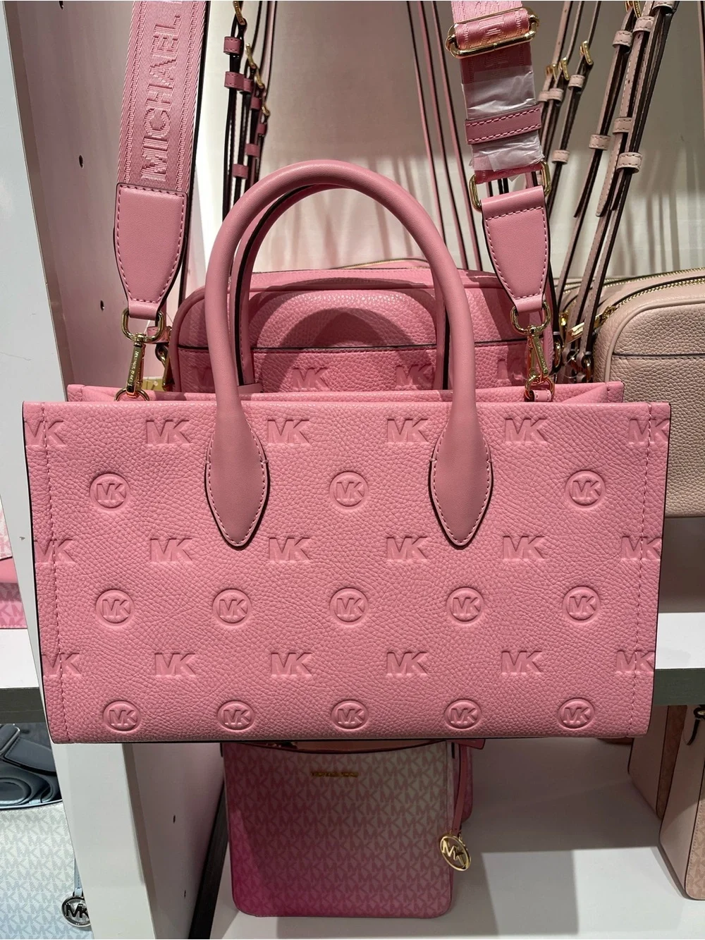 MICHAEL KORS Mirella Md EW Top Zip Logo Debossed Satchel Shoulder Carnation NWT